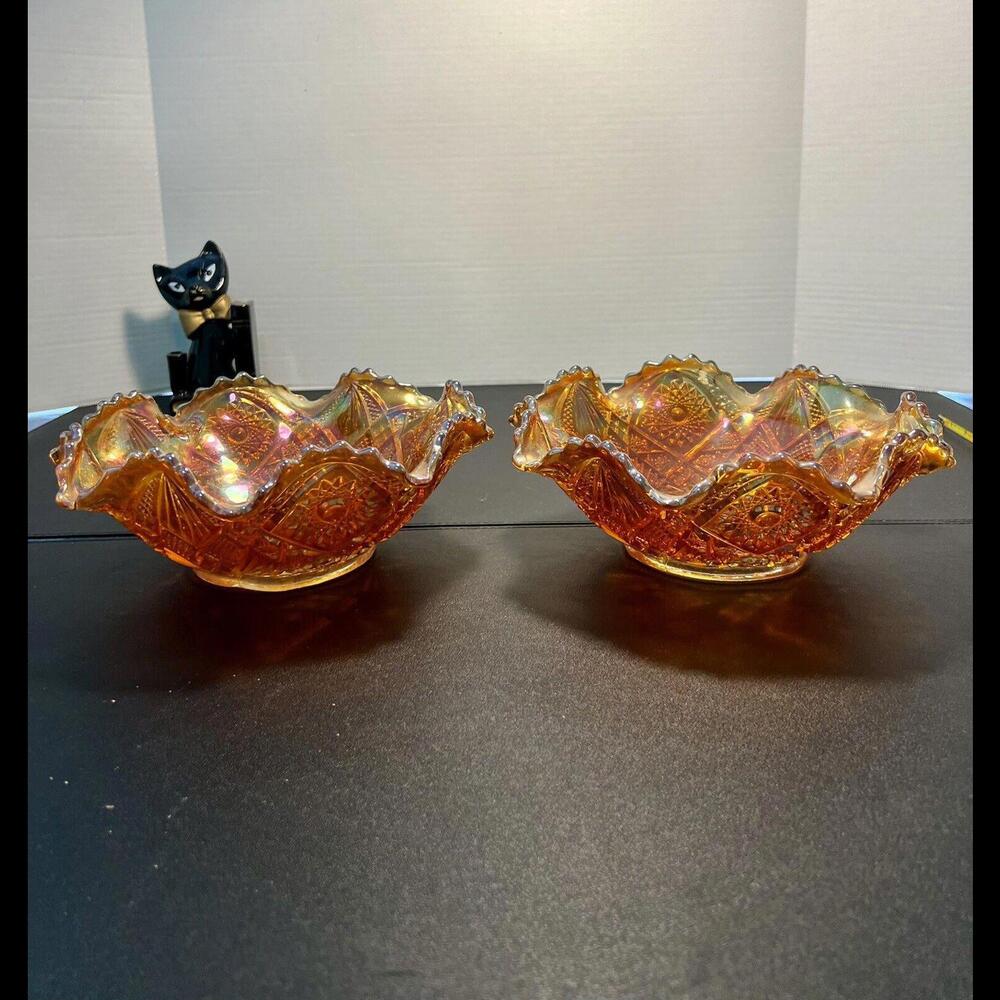Imperial Vintage 1920s 2 Hobstar & Arches Marigold Carnival Glass Fruit Bowls